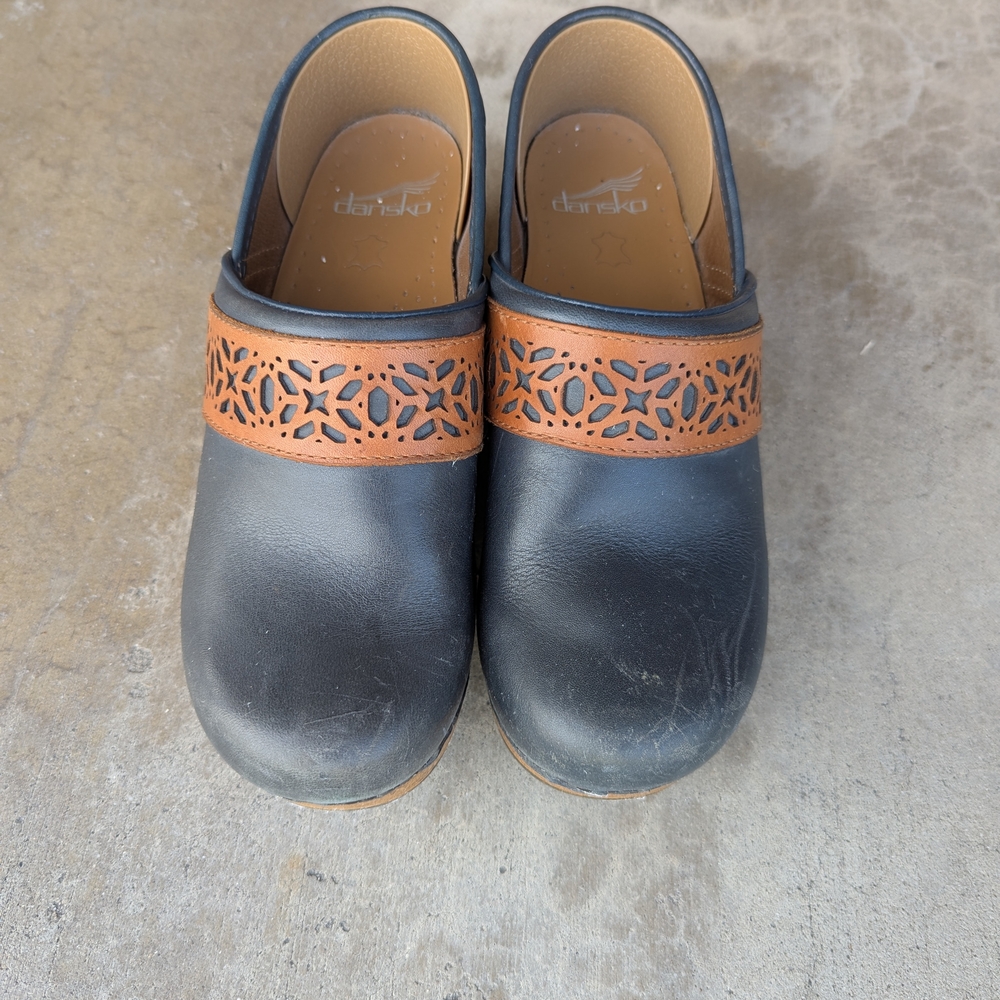 Navy and Brown Clogs with Cutout Design